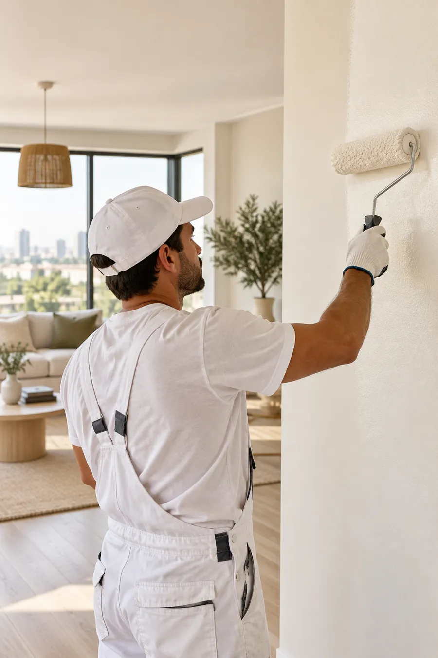 Professional painter applying smooth luxury paint coat in a modern Noida apartment