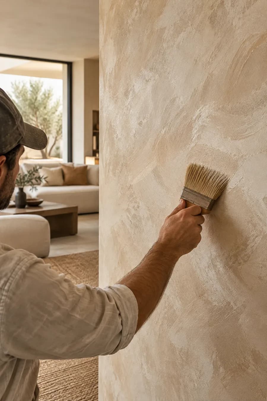 Artisan applying a designer decorative wall texture in a Noida home